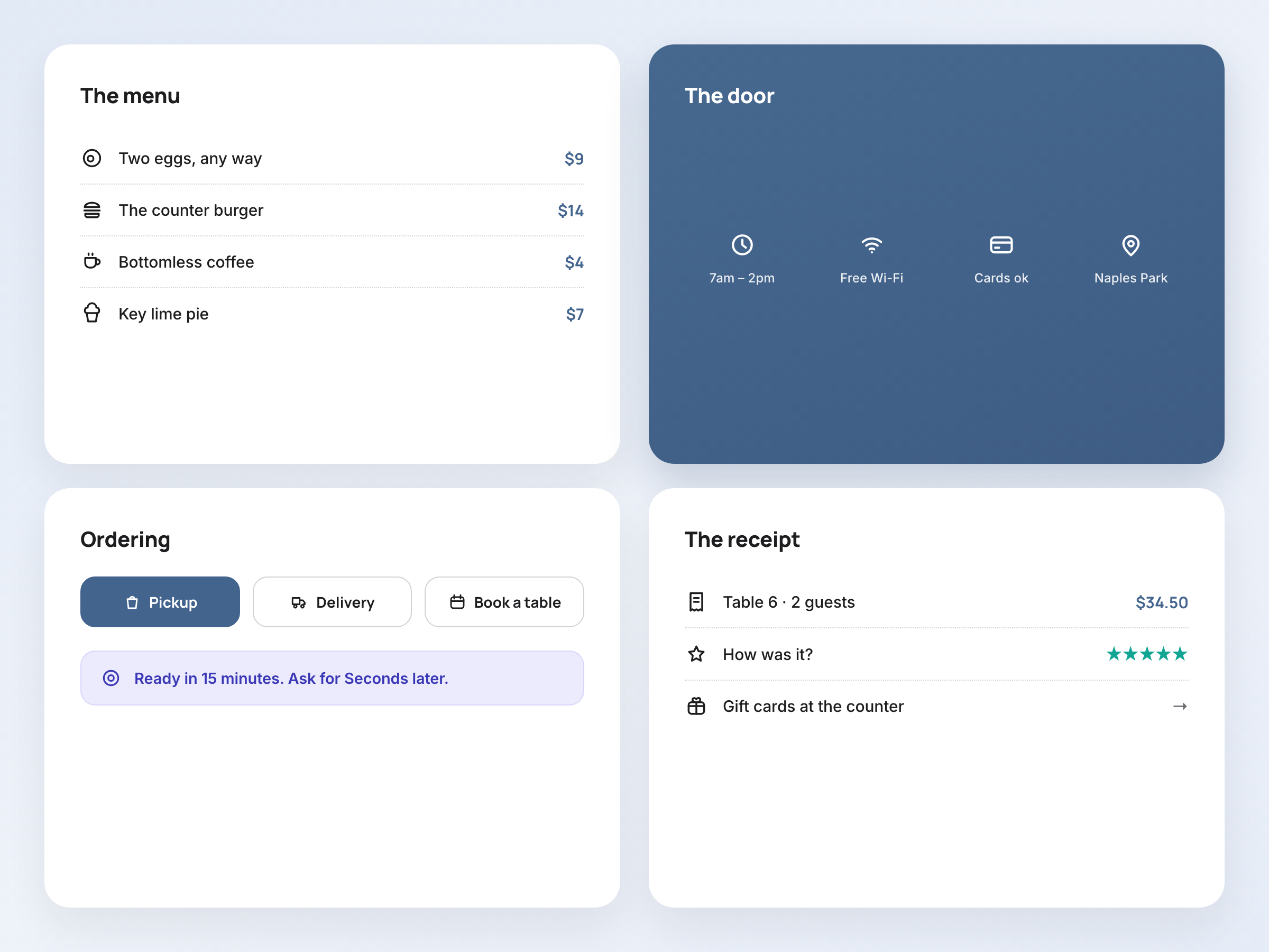 The Seconds Co icon set applied to menus, door signs, and ordering screens