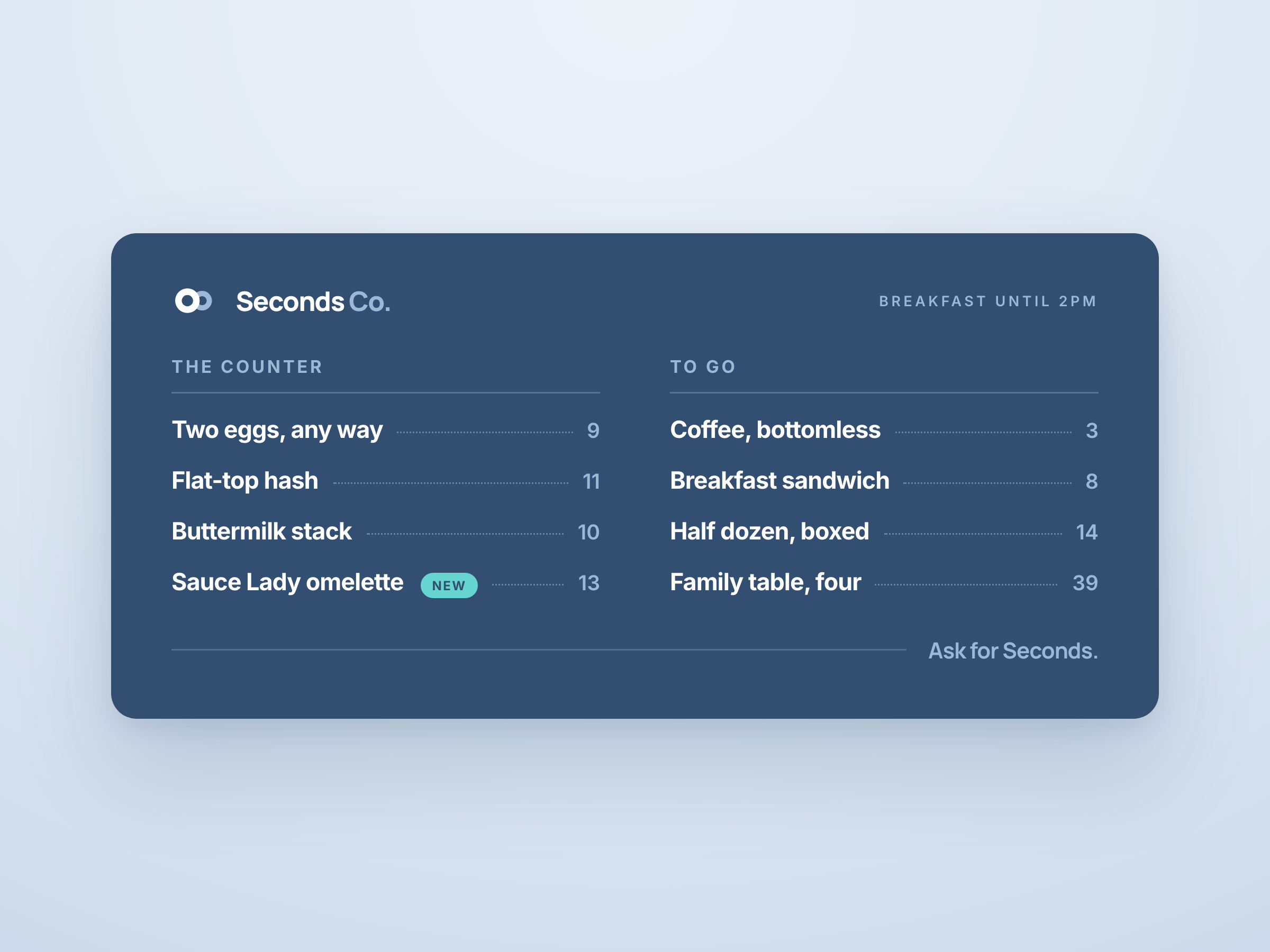 Menu board mockup on Denim Dark with dotted leaders and one mint chip