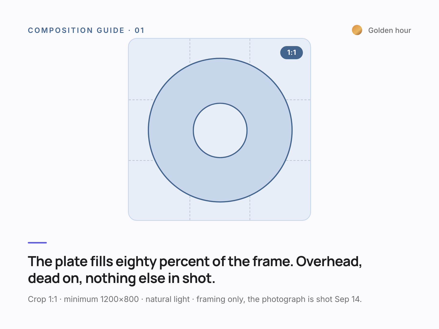 Composition guide for the hero plate: a 4:3 crop with the plate filling eighty percent of the frame.