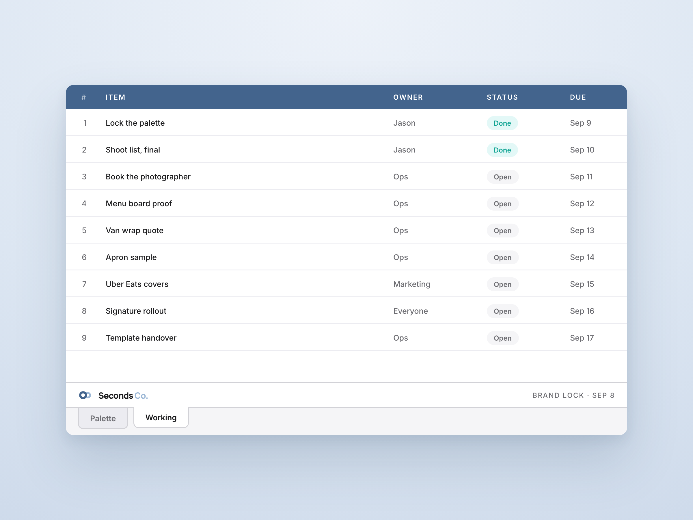 The Excel template: a denim header row, a palette reference tab and a clean working tab