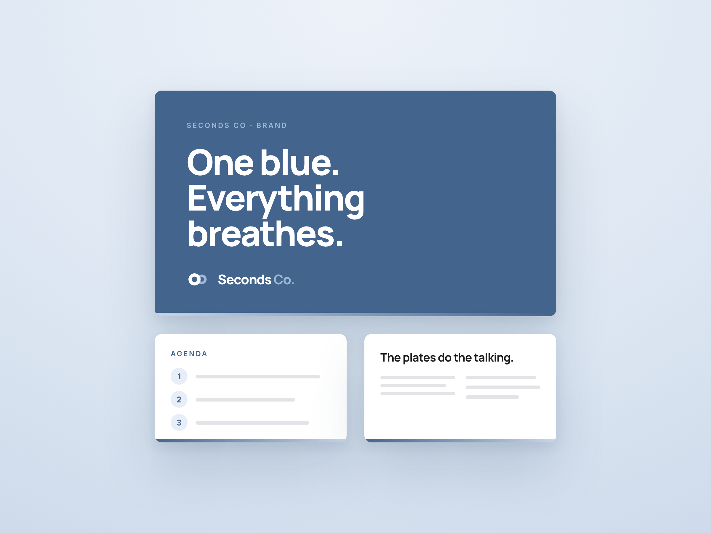 The PowerPoint template: a statement cover, a numbered agenda and one accent a slide