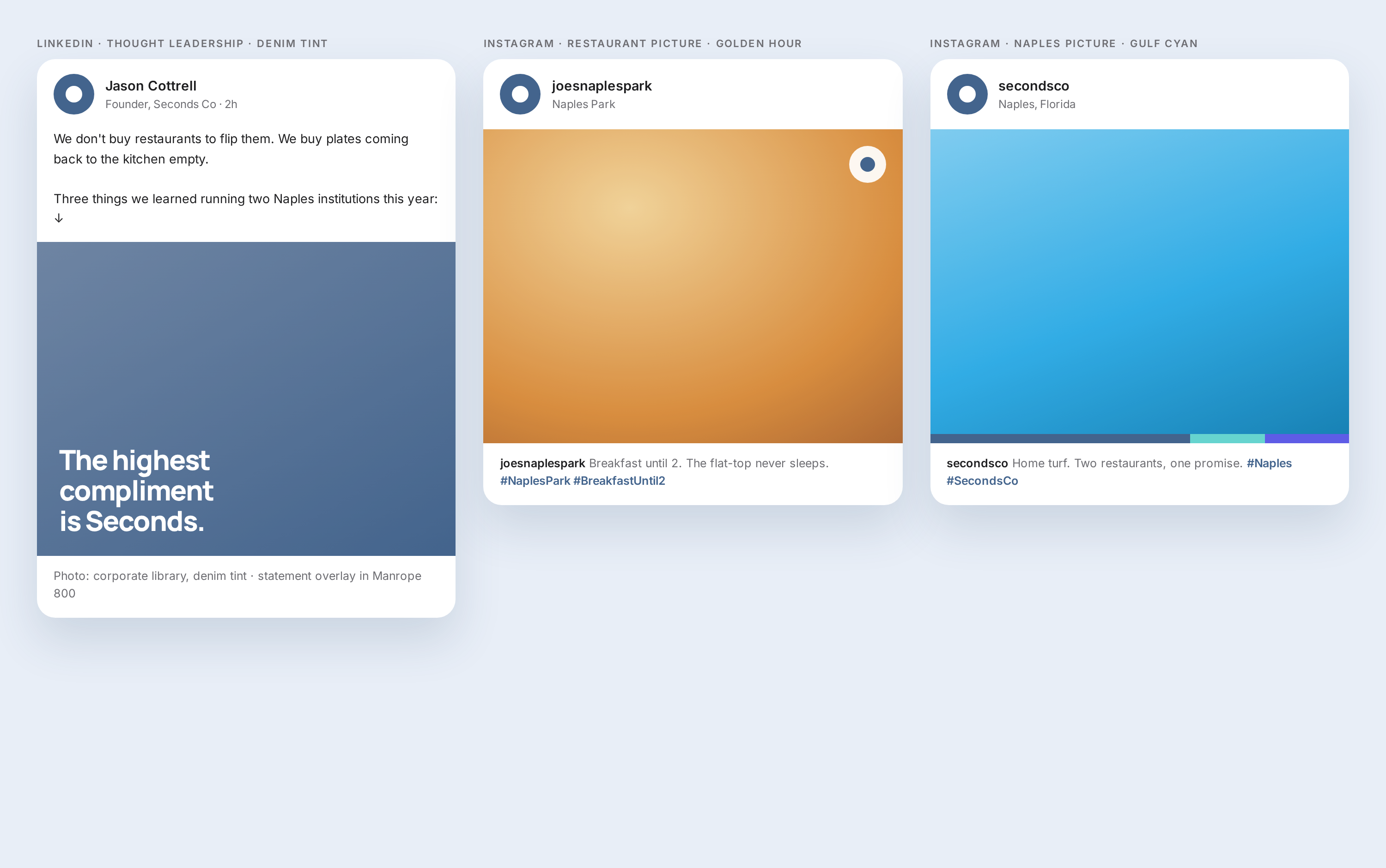 Post examples: LinkedIn thought leadership, Instagram restaurant, Instagram Naples